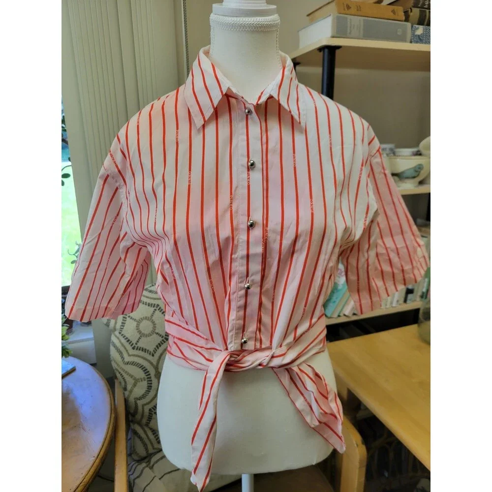 PINKO Pink Red Striped Cotton Collared Short Sleeve Button-Up Tie Front Lux 6